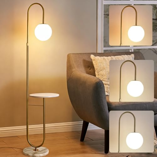 FROIDEXG Lampadaire moderne avec table d'appoint, lampe sur pied dorée avec abat-jour globe en verre et base en marbre interrupteur au pied 3 couleurs, lampe d'angle pour chambre,salon ou coin lecture