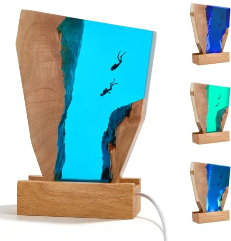 3D Harz Ozean Tier Figuren Nachtlicht Ornamente , Harzlampe Tier Figuren Nachtlicht Ornamente, Taucherlampe aus Epoxidhar mit USB Kabel Holzsockel, Mehrfarbige LED Nacht Lampe für Wohnzimmer Deko