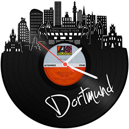 GRAVURZEILE Schallplattenuhr - Skyline Dortmund Reloaded 2018 - Wanduhr aus gegossenem Vinyl mit Stadt Skyline 30 cm - Upcycling Design Wand-Deko Vintage-Uhr Retro-Uhr - Made in Germany