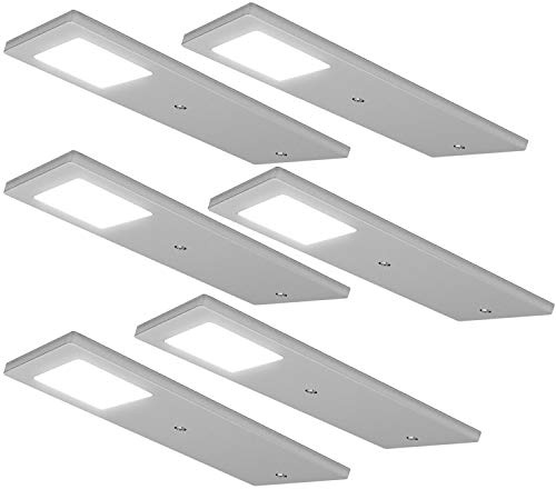6 Pack | Bright 5W LED Low Profile Under Cabinet Panel Spot Lights & Driver Kit | Aluminium & Natural White | Kitchen Worktop Countertop Cupboard Unit Down Light | Modern Slim Lighting Fitting