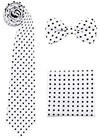 Herren 8cm Breite Krawatte & Pre-tied Fliege & Einstecktuch 3 in 1 Sets - Gepunktet Weiß