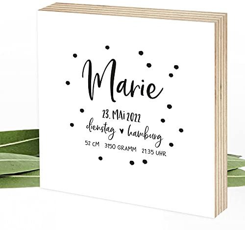 Wunderpixel® Holzbild individuell mit Namen & Geburtsdaten 15x15x2cm zum Hinstellen/Aufhängen, echter Fotodruck auf Holz - personalisiertes Wand-Bild Aufsteller Deko oder als Geschenk-Idee
