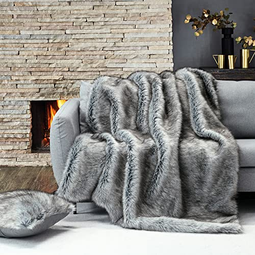 Yarn dyed Luxury Grey Faux Fur Throw Blanket, Ultra Soft with Long Piles, Shaggy & Fluffy Throw Rug, Plush Fuzzy Blanket for Bed Couch Sofa Chair Home Accent, 130x180cm