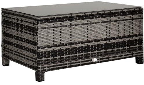 Outsunny PE Rattan Outdoor Coffee Table w/Tempered Glass Top, Mixed Grey | Rectangular, 70 KG Capacity, Garden, Balcony, Terrace, Patio