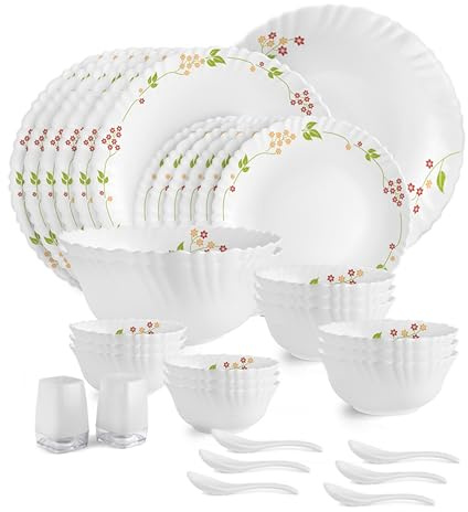 CELLO Secret Garden Dazzle Series Opalware Dinner Set of 35 Pieces for Family of 6 | Bone-Ash Free & Leadfree Opal Glass, Microwave & Dishwasher Safe, Plates & Bowls Crockery Set for Dining & Gifting
