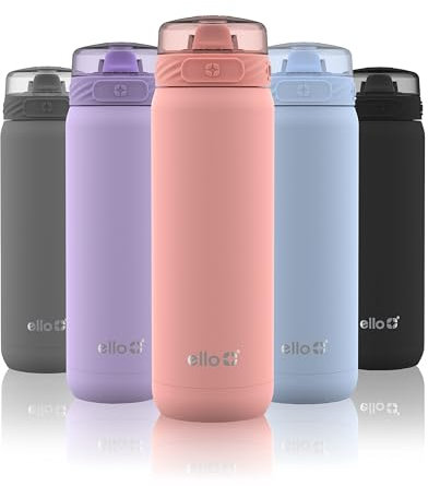 Ello Cooper 22oz Stainless Steel Water Bottle with Straw and Carry Handle, Double Walled and Vacuum Insulated Metal, Leak Proof Locking Lid with Soft Silicone Spout, Reusable, BPA Free, Coral