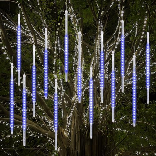 Vikdio Lluvia de Meteoros Luces de lluvia, 50cm 16 Tubos de Espiral 864 LEDs Nieve Caída Luces de Cuerda para la Boda Árbol de Navidad Decoración del Hogar, Soporte 2 Juegos Gancho (Azul)
