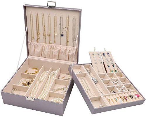 ProCase Schmuckschatulle Damen Leder, Schmuckkästchen mit 2 Ebenen Schmuckkasten Schmuckkoffer Schmuckaufbewahrung Schmuckbox Jewelry Box für Ringe, Ohrringe, Halsketten, Armbänder -Silber