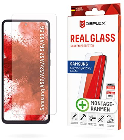 Schutzglas für Samsung A53 5G, A52(s) 5G, A52 (10H), Eco-Montagerahmen | DISPLEX Real Glass, 10H Panzerglas, Bruchschutz, extra-harte Kanten, kratzfest, Anti-Shock, kristallklar, hüllenfreundlich