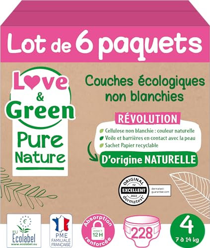 Love & Green Pure Nature 228 Stück ökologische ungebleichte Windeln T4 x 38 (7-14 kg)