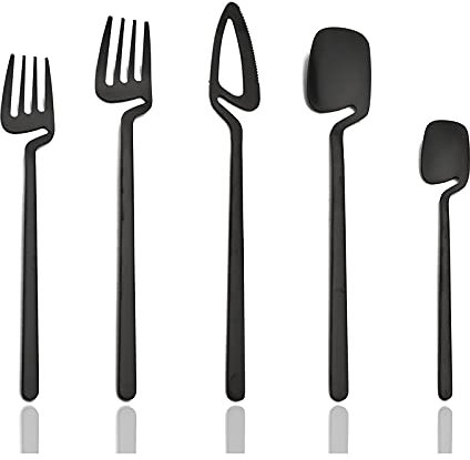 JASHII Juego de cubiertos de acero inoxidable 304 negro mate, juego de cubiertos de 20 piezas moderno juego de cubiertos colgante taza regalo de boda de cumpleaños