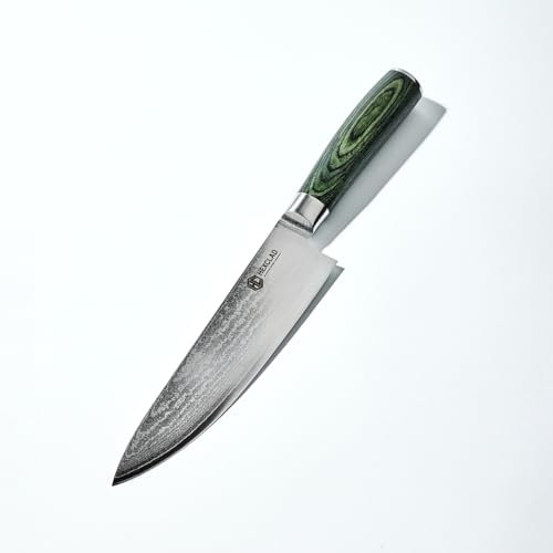 HexClad Kochmesser, 20 cm Japanische Damastklinge aus rostfreiem Stahl, Full Tang Konstruktion, Griff aus Pakkaholz