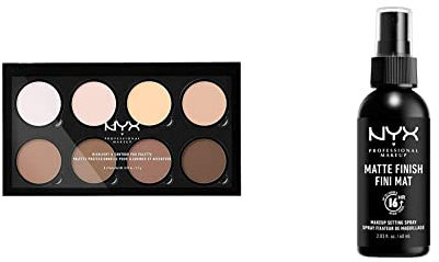 NYX Professional Makeup Highlight & Contour Pro, Kit pour Contouring, 8 Poudres Faciles à Estomper, Fini Mat et Irisé & Spray Fixateur, Tenue Longue Durée, Fini Mat, 60 mL