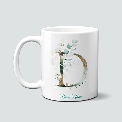 online-hut - Tasse - Kaffeetasse - Kaffeebecher - Monogrammtasse A-Z - Lieblingstasse - personalisierbar - Dein Name - Eucalyptus/Gold - NT-118-2 (D)