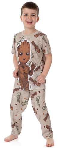 Marvel Guardians of the Galaxy Kids Pyjama Set | Short Sleeve T-Shirt with Cuffed Bottom Trousers Pjs For Boys & Girls | I Am Groot Brown All Over Tree Print | Movie Loungewear Gift for Children