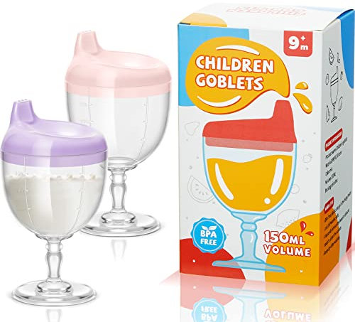 Irenare 2 Pcs Baby Wine Sippy Cup Plastic Goblet Cup No Spill Wine Glass Baby Sippy Goblet Glass Beverage Mug Milk Bottle with Lid for Kids (Pink,Purple)
