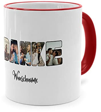 PhotoFancy® - Fototasse 'Danke' - Personalisierte Tasse mit eigenem Foto und Text selbst gestalten - Rot