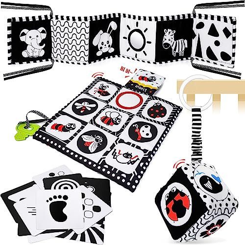 HappyKidsClub Kontrastbuch Baby Schwarz Weiß Spielzeug, Baby Spielzeug 0-12 Monate Kontrastkarten Sensorik Kontrast Spielzeug Baby Geschenk Junge Mädchen Kinderwagenkette Montessori Spielzeug, 059-A
