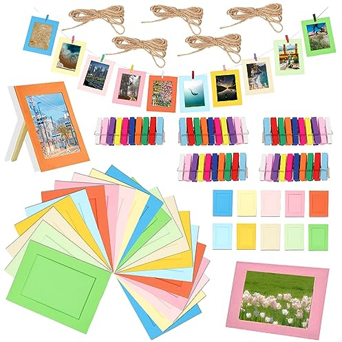 Swpeet 105Pcs 7 Zoll Bunte Papier Fotorahmen Set für 5x7 Foto, Hängende Foto-Display-Rahmen, Beinhaltet 50Pcs 7 Zoll Hängende Album-Rahmen, 50Pcs Bunte Clips und 5Pcs 78 Strings Für Wanddekoration