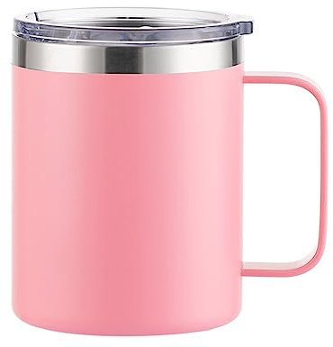 LADRENTDU Aislamiento Botella Agua Taza De 12 Oz Con Asa Taza De Oficina De Aislamiento Térmico De Acero Inoxidable 304 Taza De Café Cerveza Taza De Agua, Spray De Plástico-rosado, 12 Oz / 360 Ml