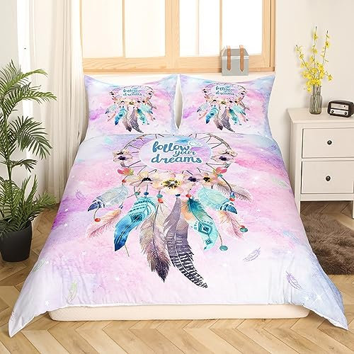 Traumfänger Bettwäsche 200x200 Mädchen Dreamcatcher Blumen Federn Bettwäsche Set Kinder Teens Bunt Traumfänger Bettbezug Women Romantisch Dekor Bohamian Bettwäsche-Set Rosa Lila, Kissenbezug 80x80cm