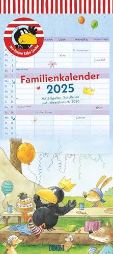 DUMONT - Der kleine Rabe Socke 2025 Familienkalender, 22x49,5cm, Planer mit 5 Spalten für die ganze Familie, Jahresübersicht 2026 und Schulferientabelle, deutsches Kalendarium
