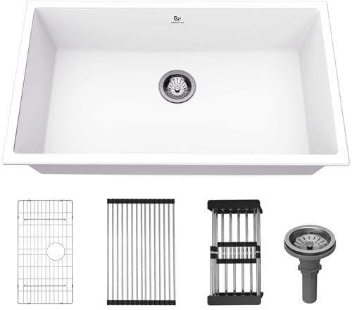 GABETLET Quartz Kitchen Sink, 32 Inch White Undermount Kitchen Sinks, Deep Single Bowl Granite Composite Sink, Modern Sinks Providing Complete Accessories, Spacious Workspace and Easy Cleaning