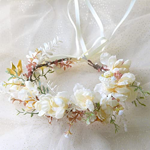 Damen-Prinzessinnenkrone, Blumenkranz, Blumenkranz, Blumenhaarbänder, Strand, Hochzeit, Party, Stirnband, Braut, Brautjungfer (Farbe: Beige)