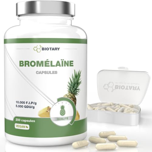 Bromelain 200 Kapseln 500 mg pro Kapsel 5000 FIP 2500 GDU mit Vitamin C | inklusive Pillenbox 6,5 Monate Vorrat 100 % vegan reine Rezeptur geprüfte Qualität