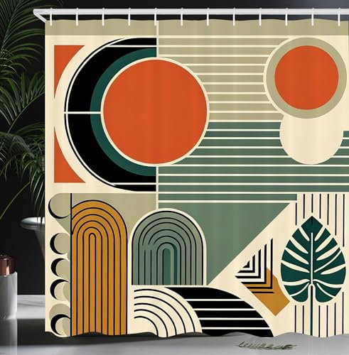 ABAKUHAUS Monstera Rideau de Douche, Formes Géométriques du Milieu du Siècle Style Boho Lignes, Material Resistente al Agua Durable Estampa Digital, 175 cm x 200 cm, Orange Brûlée Kaki Pâle