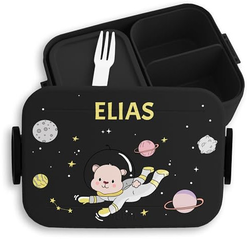 Kinder Bento Box Midi Lunchbox für Mepal Bentobox - Weltraum - Astronaut Bär im Weltall - 900 ml - Schwarz - space brotdose personalierte rakete name shuttle universum raumschiff nasa raketen