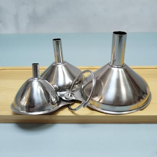 Temuduo 3 in 1 Stainless Steel Funnel,Small Metal Funnels for Filling Bottles,Food Grade Mini Kitchen Funnel for Transferring Liquid Fluid Essential Oils Powder Spices，Dishwasher Safe (Short Handle)