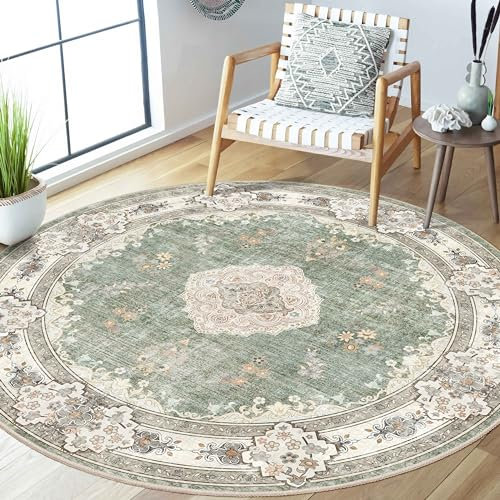 MUJOO Grüner runder Teppich, 152 cm, rund, waschbar, für Schlafzimmer, Wohnzimmer, Badezimmer, Boho-Stil, groß, rutschfest, rund, Salbeigrün