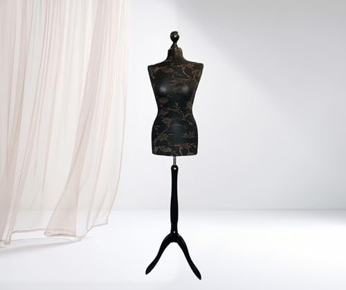 LUSORIA Schneiderpuppe, Schneiderbüste weiblich SCHWARZ - braune Blumen/schwarzes Dreibein (S 36)