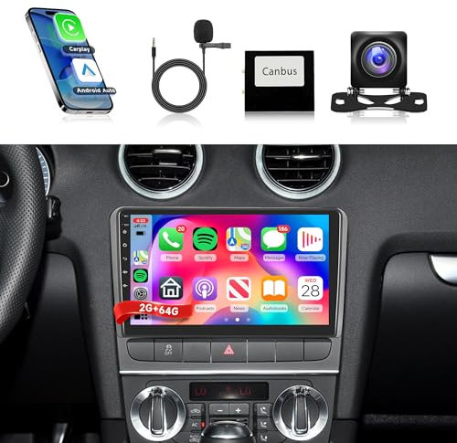 2+64G Car Stereo for Audi A3 2003-2012/S3 2006-2012/RS3 2011-2012 Wireless Carplay Android Auto Rimoody 2 Din Android Car Radio 9’’ Touchscreen FM RDS GPS WiFi Bluetooth Mirror Link Backup Camera