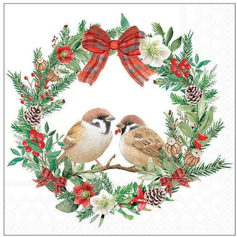 Ambiente Serviette Spatzen im Kranz, 33x33 cm, 3-lagig, 20 Stück, Weihnachtsdeko, Tischdekoration, Festliches Design