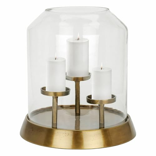 Loberon Windlicht Vemesto, antikmessing/klar | Handgefertigt, Imposante Größe, Platz für DREI Stumpenkerzen, Dekoration, Wohn-Accessoire, Aluminiumguss, Glas