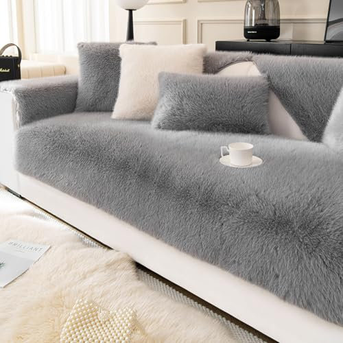 ShowyLive Samt Sofa überzug 1/2/3/4 Sitzer L Form Couch Überzug Ecksofa rutschfest Hund Katze -Antirutsch, Anti Slip Sofabezug Sofa Überwurf (Gray, 90 * 210CM)