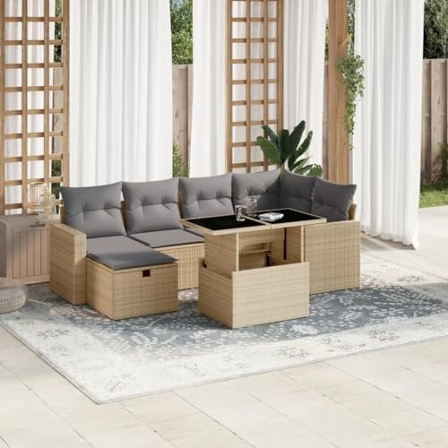Homgoday 7-TLG. Gartenlounge Set Gartenmöbel Loungemöbel Gartensofa Sitzgruppe Lounge Balkonmobelset Eck Terrassenmöbel Ecksofa Ecklounge Sofa mit Couchtisch Beige Poly Rattan