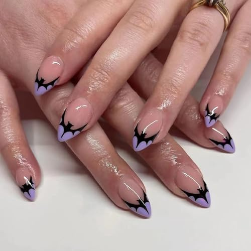 24Pcs Halloween Short French False Nail with Bats Design Purple Press on Nails Full Cover Fake Nails Removable Stick on Nails Acrylic Glue on Nail for Women Girls Nail Art