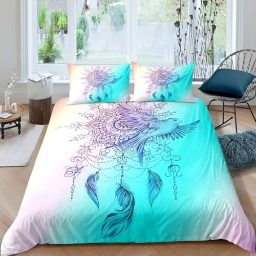 Homemissing King Dreamcatcher Bedding Set Bohemian Dreamcatcher Children's Bed Set Bohemian Hippie Feather Bird Duvet Cover Set Exotic Tribe Blue Green
