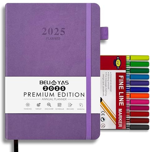 BELIAYAS Terminkalender 2025 A5, Terminplaner Softcover mit PU-Leder, 12-Monate-Kalender (Jan.2025-Dez.2025) mit 12 Farben Fineliner-Stift(0.4mm), 1 Tag 1 Seite, 201 Seiten, Violett