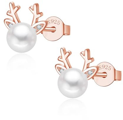 Glintara Silber Weihnachten Ohrringe Damen, 925 Sterling Silber Elch Perle Ohrstecker, Kleine Weihnachts Ohrringe Stecker, Hypoallergen Ohrstecker zum Weihnachten Geschenke für Mädchen Freundinnen