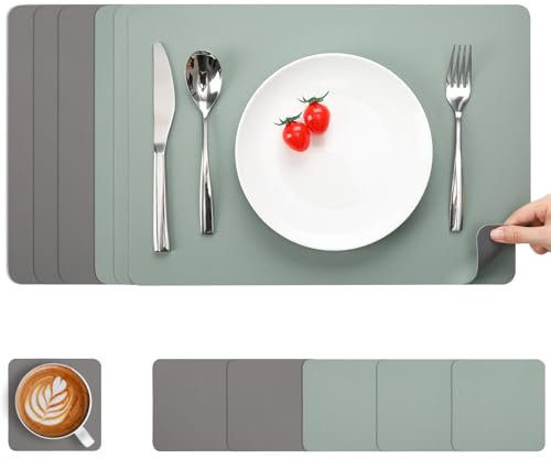 Myir JUN Tischsets Abwaschbar und Untersetzer, Platzset Leder Platzdeckchen Abwaschbar Doppelseitigen Tischsets Umkehrbares Tischset rutschfest Tischset Lederoptik (Grau Salbeigrün, Satz von 6)