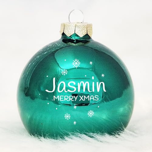 Deine personalisierte Weihnachtskugel | Christbaumkugel mit eigenem Foto und individuellem Wunschnamen, Echtglas 8 cm (05_Grün, 2 Seitig (Foto + Text))