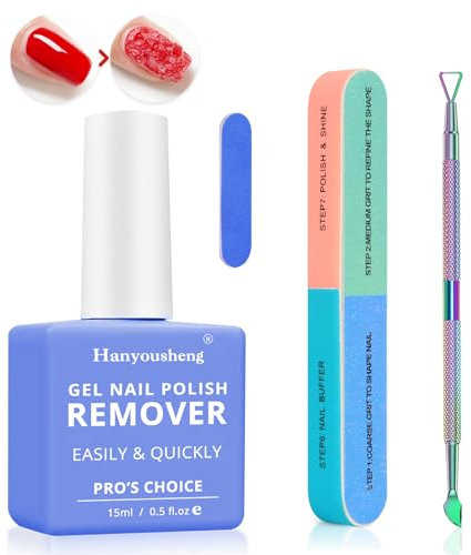 Hanyousheng 15ml Nail Polish Remover, Fast Gel Remover, Included Cuticle Pusher and Tools File, Quickly & Easily, Peel off in 3-5 minutes, No Damage To Nails