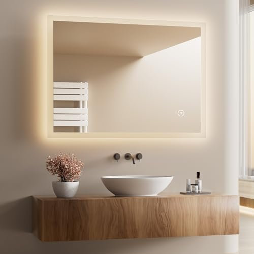 Heilmetz Badspiegel mit Beleuchtung LED 80x60cm, Badezimmerspiegel mit Beleuchtung, Dimmbar 3 Lichtfarben 3000K/4000K/6500K, Antibeschlag, Spiegel mit Licht, Vertikal/Horizontal Montage