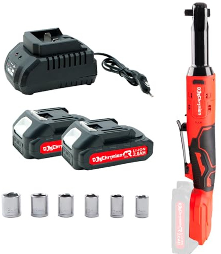 DogChrymion Jeu de clés à cliquet électriques sans fil 20 V 3/8, sans balais, déclencheur à vitesse variable, kit d'outils à cliquet à angle droit avec 2 batteries de 2,0 Ah