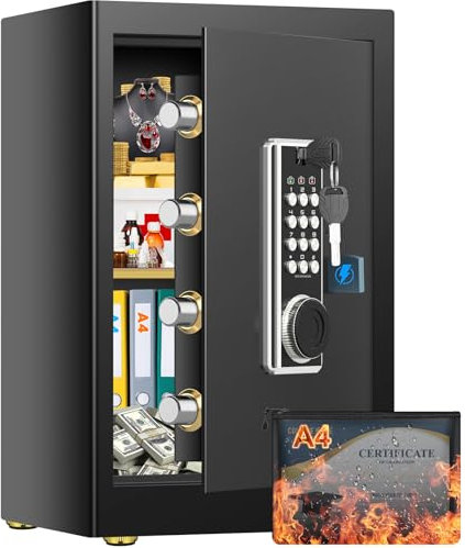 80L Large Home Safe Box with A4 Fireproof Waterproof Bag, Anti-Theft Digital Security Safe with Electronic Combination Lock & Removable Shelf, Steel Money Safes for Watche Medicine Important Papers