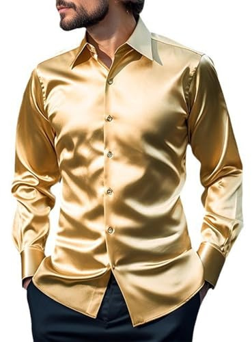 Wirltte Men's Dress Shirt Silk Luxury Long Sleeve Slim Fit Wedding Party Disco Prom Sequin Shirts